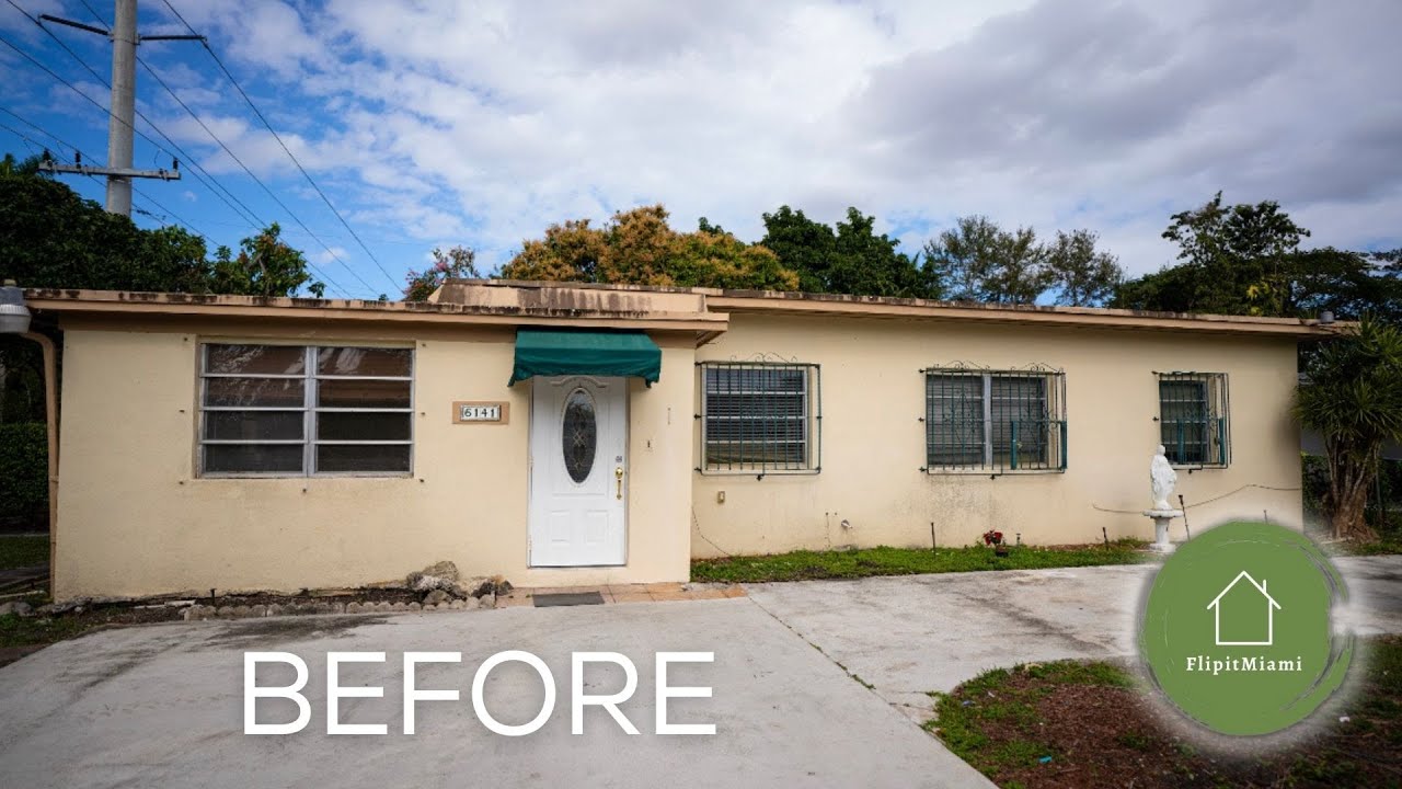 An old bungalow house with a logo of a company, Flip it Miami